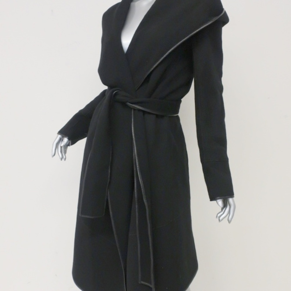 Donna Karan Icons Hooded Wrap Coat Leather-Trim - Picture 3 of 5